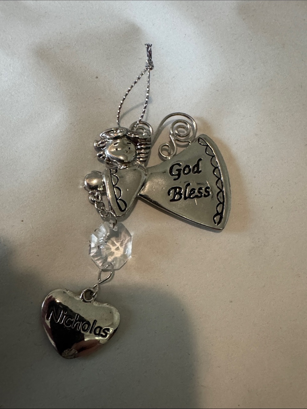 Silver 'God Bless' Angel Christmas Ornament with Heart Crystal Charm Nicholas